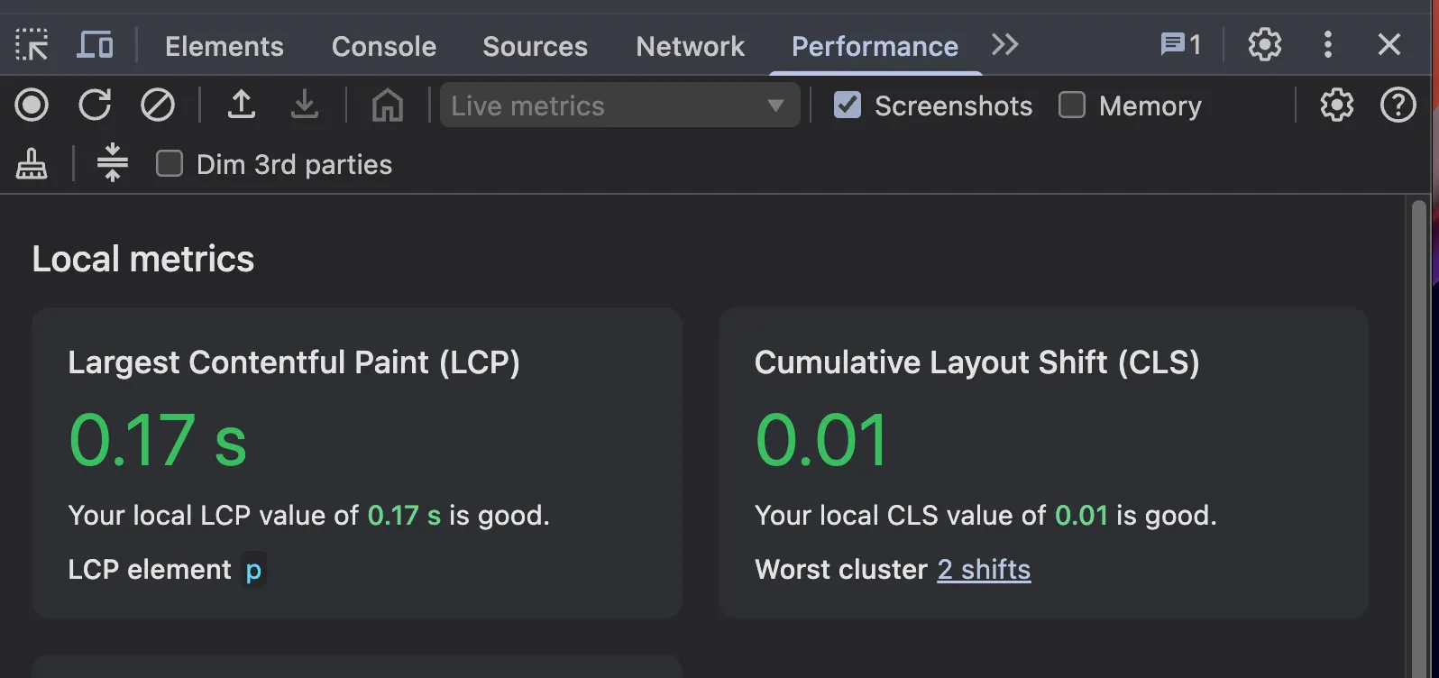 cls in performance tab